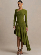 Ruched green dress with high low hem styled for events